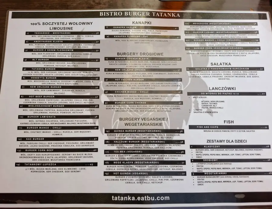 Karta Bistro Burger Tatanka na stoliku